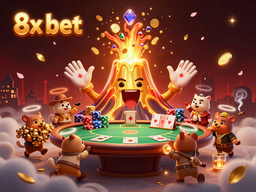 Witness the excitement of 8x bet as a golden volcano erupts coins and treasures in this vibrant casino scene.