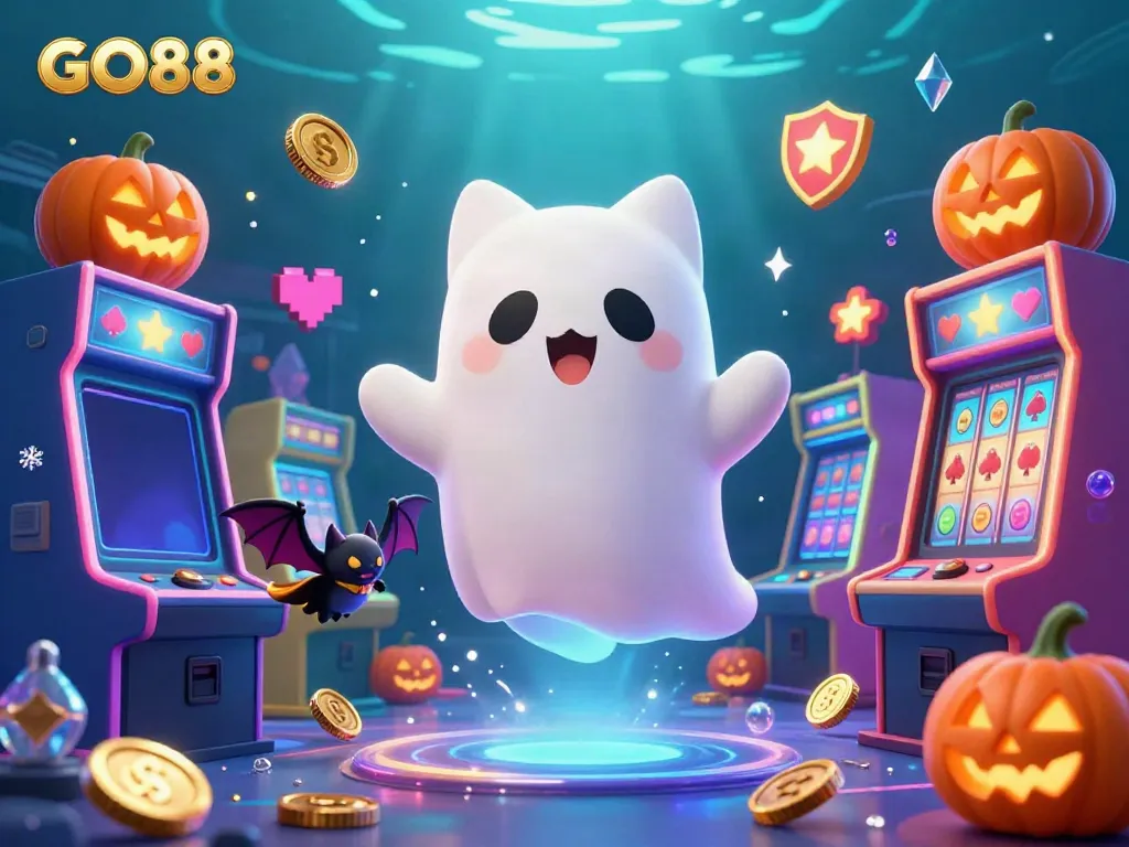 Engage in thrilling gameplay at GO88 with a friendly ghost cat and casino elements in 3D.