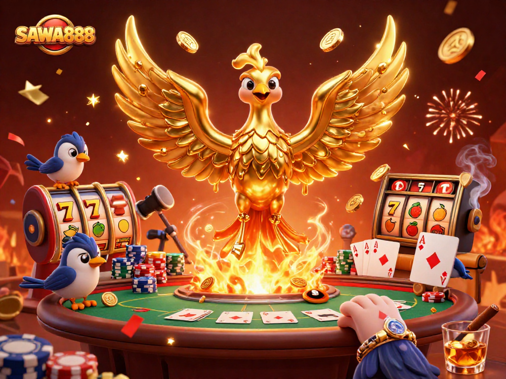Experience the thrill of SAWA888 slots with golden phoenixes and vibrant casino elements.