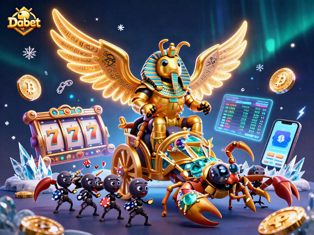 Dabet illustration showcasing a golden scarab and scorpions with slot reel elements, captivating online gambling experience.