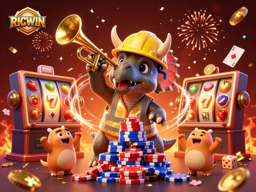 RICWIN showcases a vibrant casino scene with animated characters playing and celebrating.