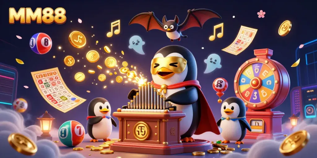 MM88 penguin plays organ shooting coins, surrounded by lottery balls, bingo card, and vibrant game elements.