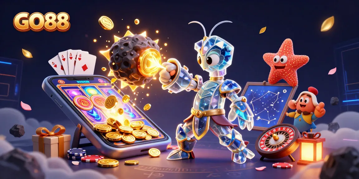 GO88 players enjoy vibrant winnings in a dynamic 3D casino scene with galactic elements.