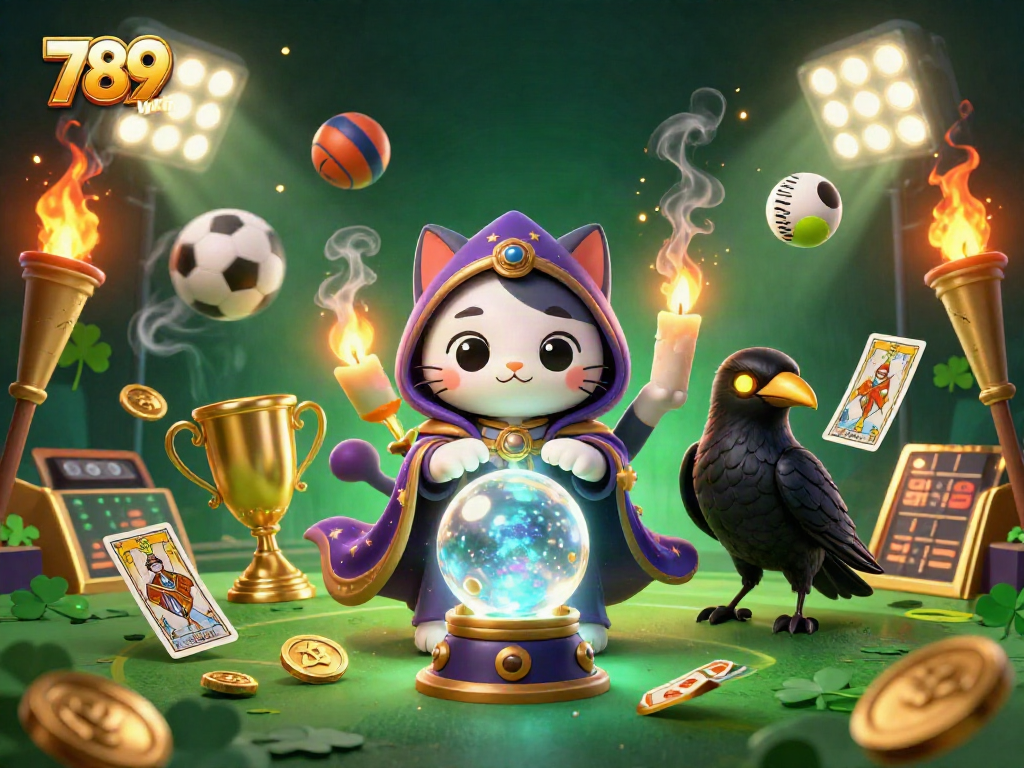 Win at 789win with a mystical scene featuring a fortune teller cat, tarot raven, and sports betting elements.