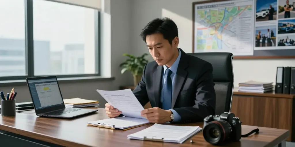 탐정사무소 굿탐정 at work in a sleek office, with a focused detective analyzing cases.