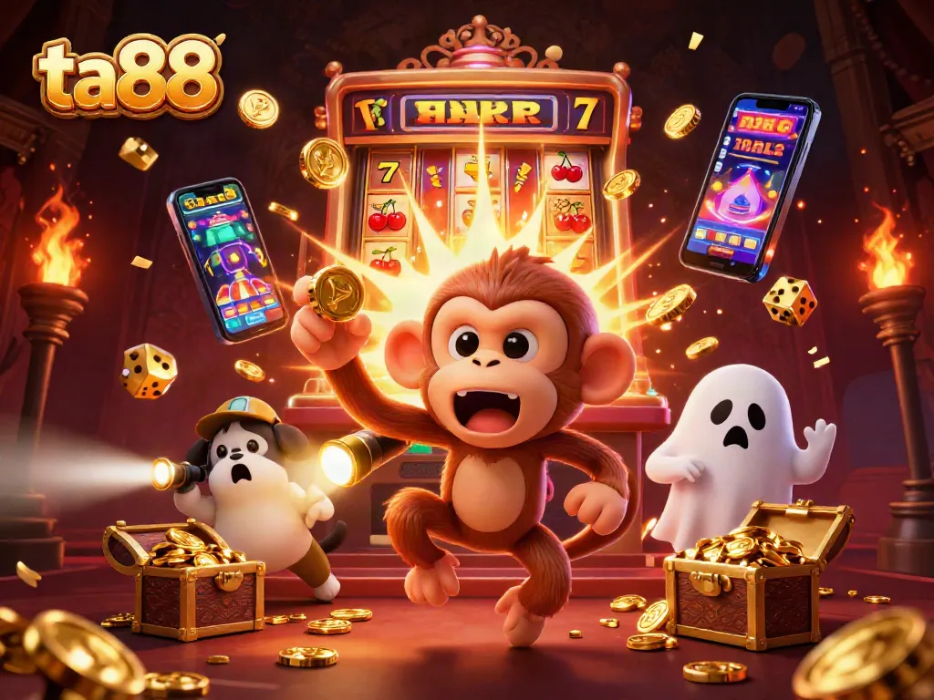 Experience ta88's thrilling casino adventure with a playful poltergeist monkey in a lively slot scene.