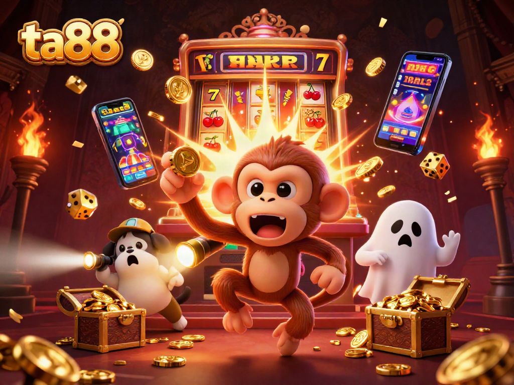 Experience ta88's thrilling casino adventure with a playful poltergeist monkey in a lively slot scene.