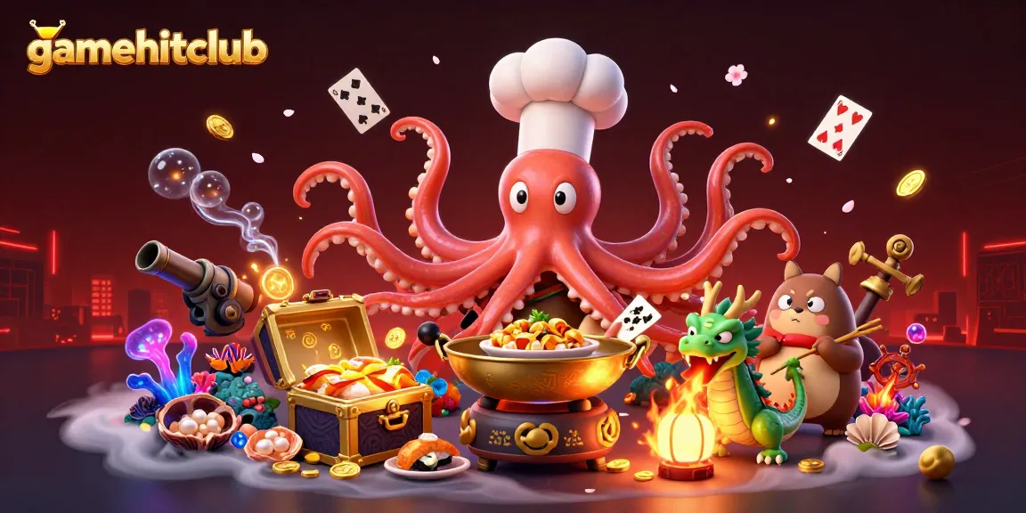 Engage with gamehitclub and enjoy vibrant casino-themed fun featuring a sushi chef octopus and dragon.