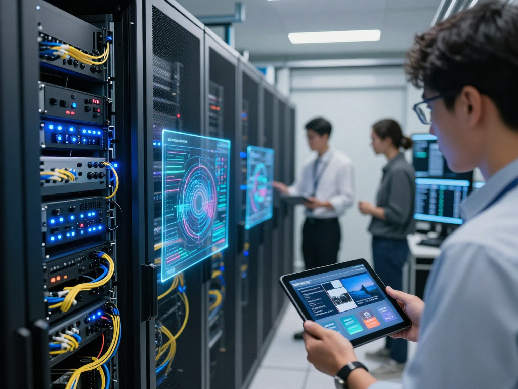 IPTV reseller panel technology shown in a modern data center with servers and digital dashboards for cloud computing.