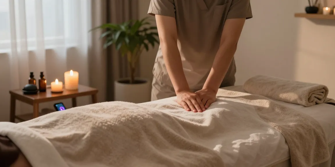 송도출장안마 therapist preparing a serene home massage environment with candles and soothing elements.