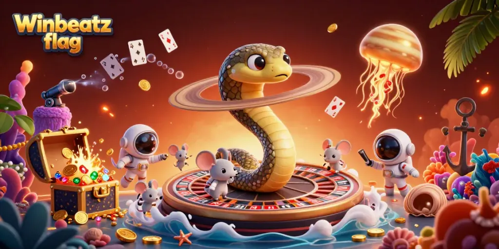 Experience the Winbeatz flag in an exciting cosmic casino scene with cartoon elements and vibrant energy.