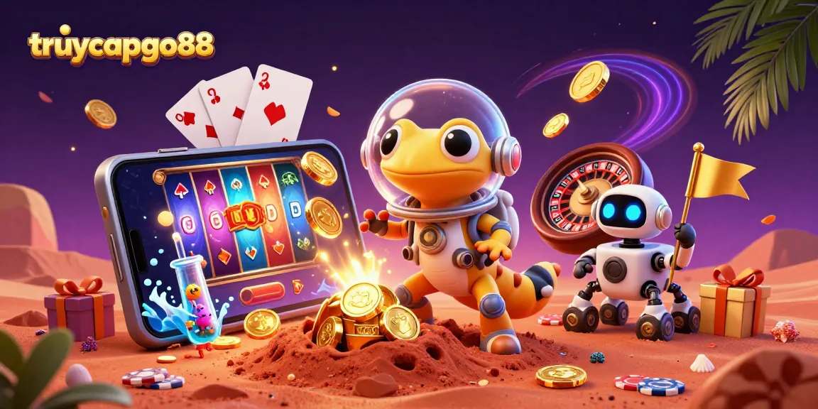 Experience fun at truycapgo88 with a Martian gecko discovering a casino among colorful slots and games.