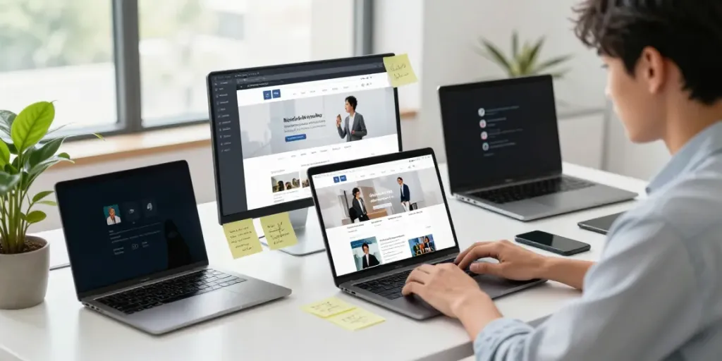 Engaged professional using laptop to visit this web-site in a sunny workspace with organized desk elements.