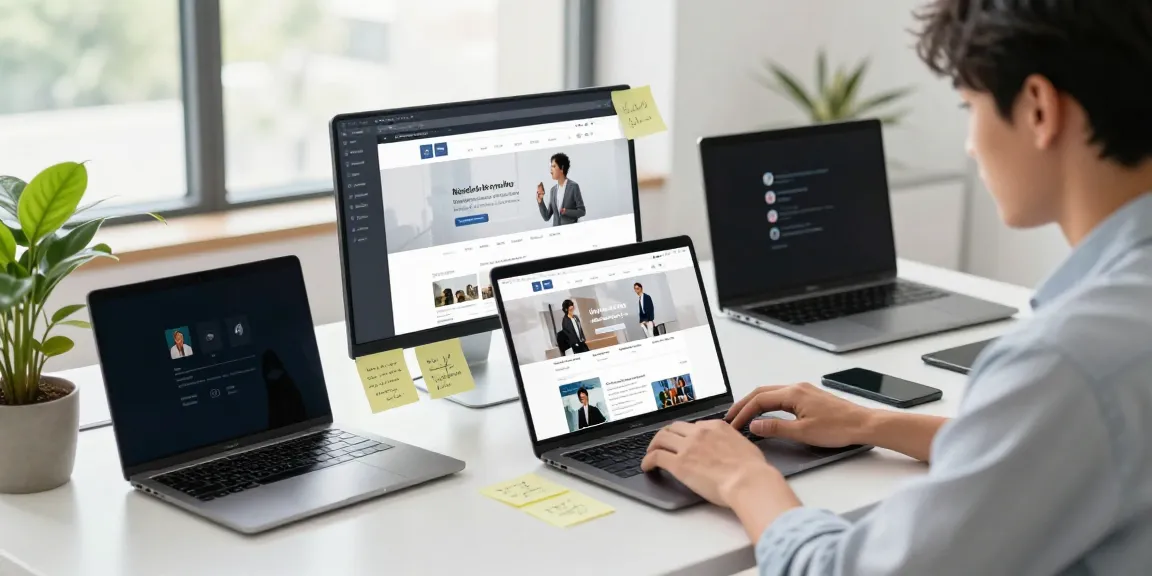 Engaged professional using laptop to visit this web-site in a sunny workspace with organized desk elements.