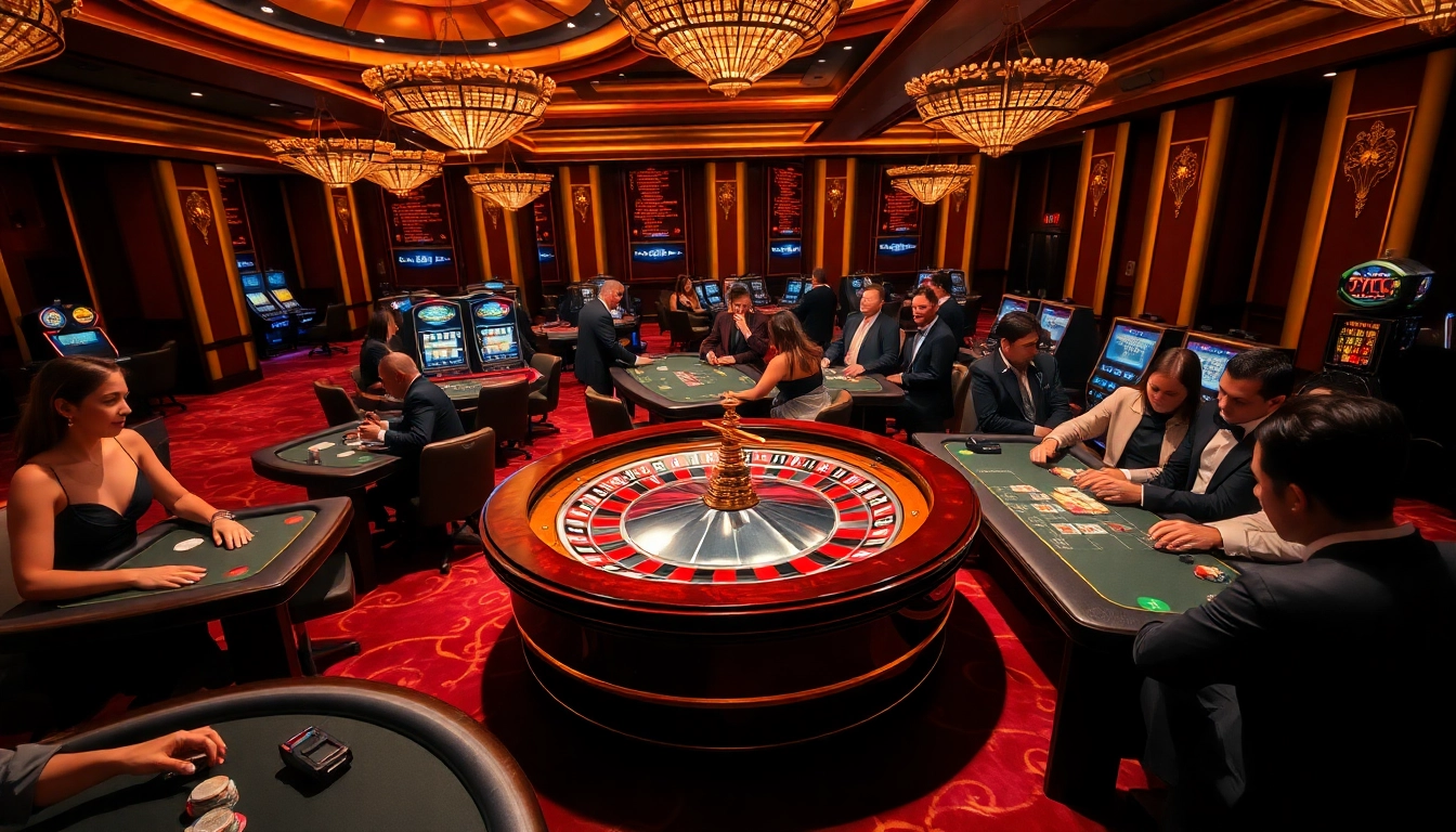 Experience the thrill of F168 at a lively casino with poker tables and roulette wheels.