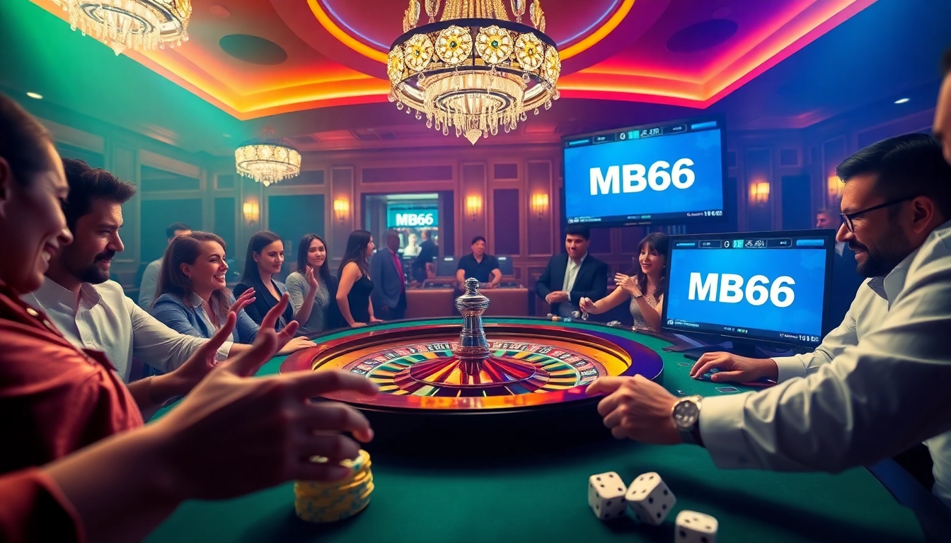 Players enjoying a thrilling game at a casino table featuring MB66 branding with vibrant action elements.