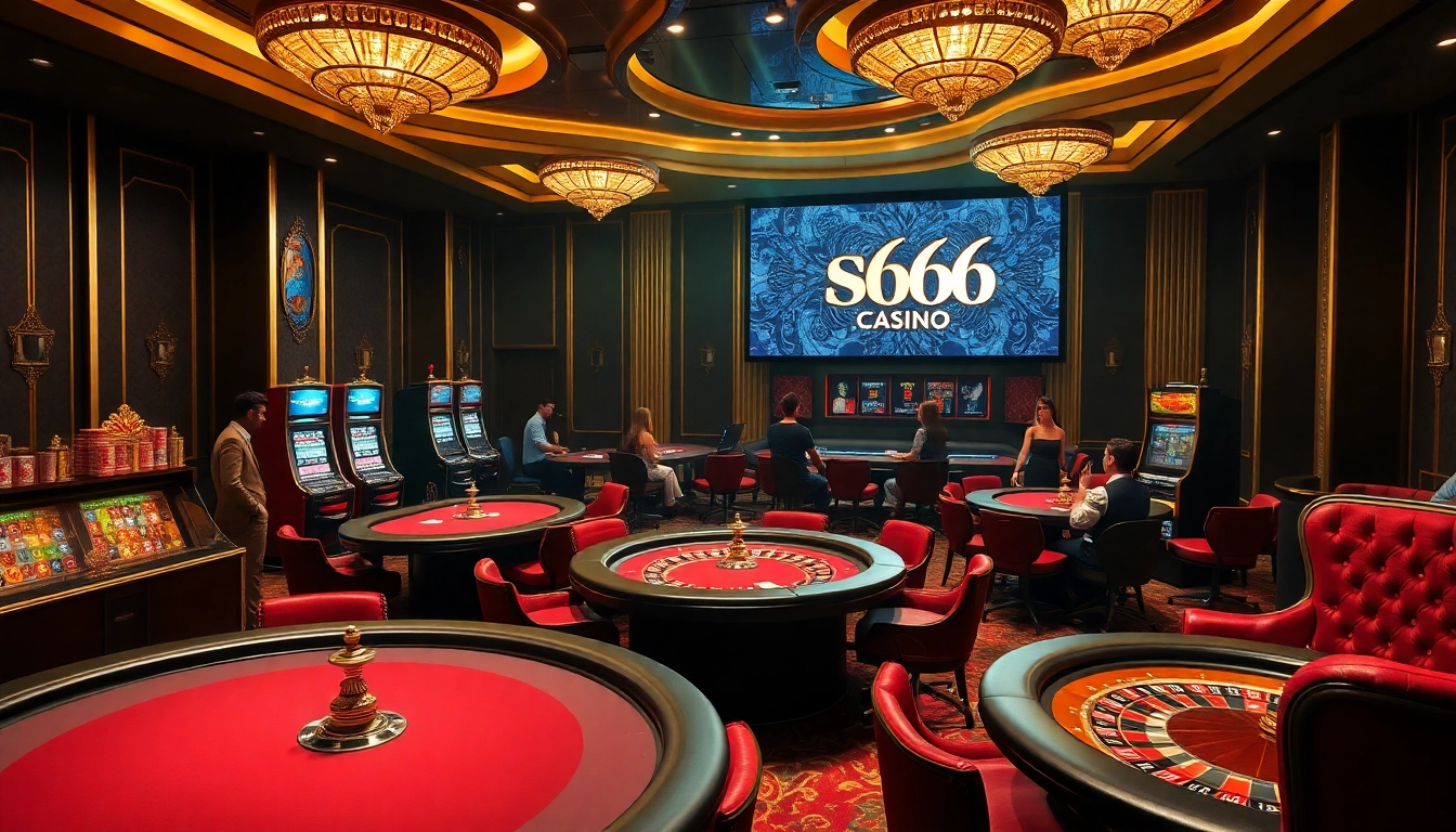 S666 casino's luxurious poker and slot gaming environment with players enjoying high stakes.