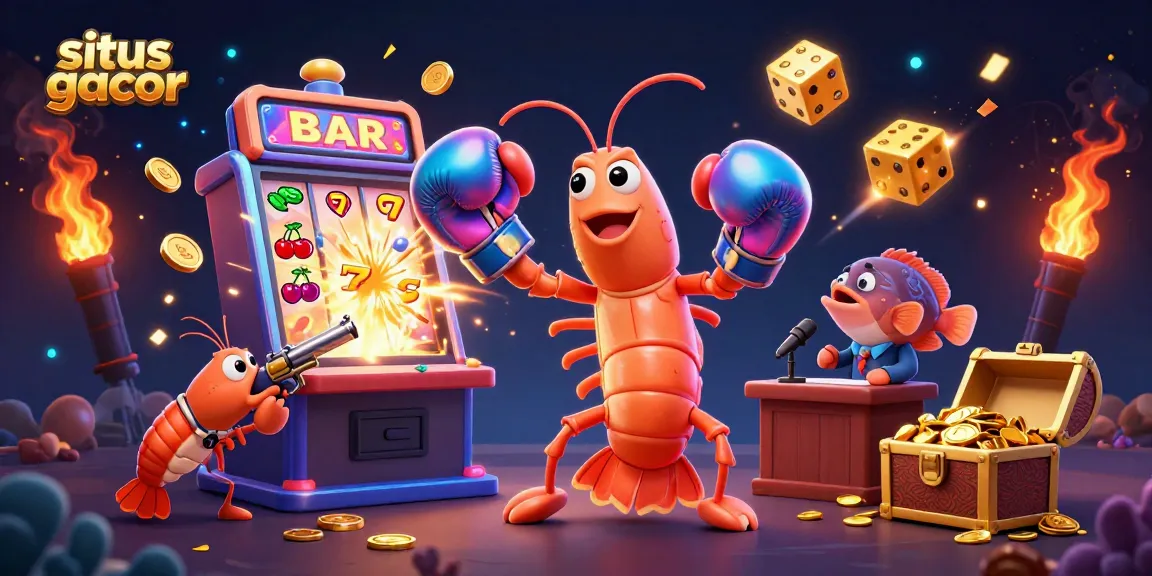 Engage with situs gacor displays featuring a lively 3D casino scene of shrimp characters amidst a jackpot explosion.