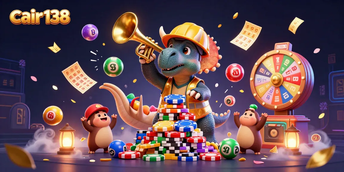 Engage in exciting gameplay and win with cair138, showcasing vibrant lottery balls and lively casino characters.