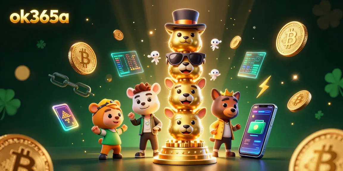 Join the fun on ok365a with a vibrant 3D totem and crypto elements illuminating the online gaming experience.
