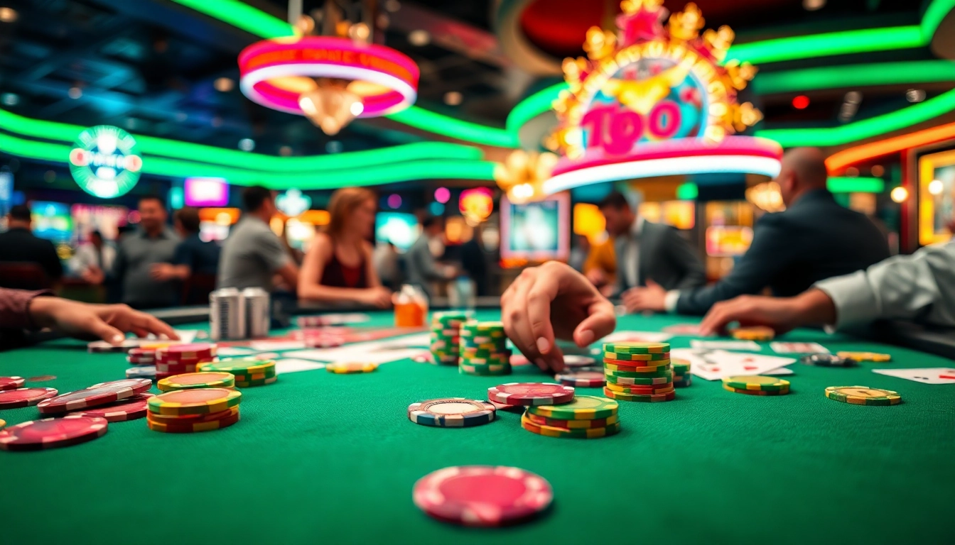 Menangkan permainan situs pgbet dengan chip kasino berwarna-warni dan kartu, suasana meriah.