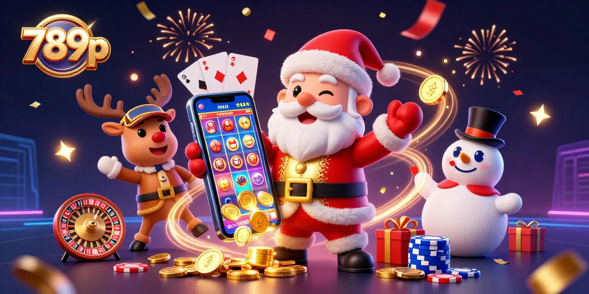 Engage with lively 789p gaming, featuring Santa, a reindeer dealer, and a poker chip snowman.