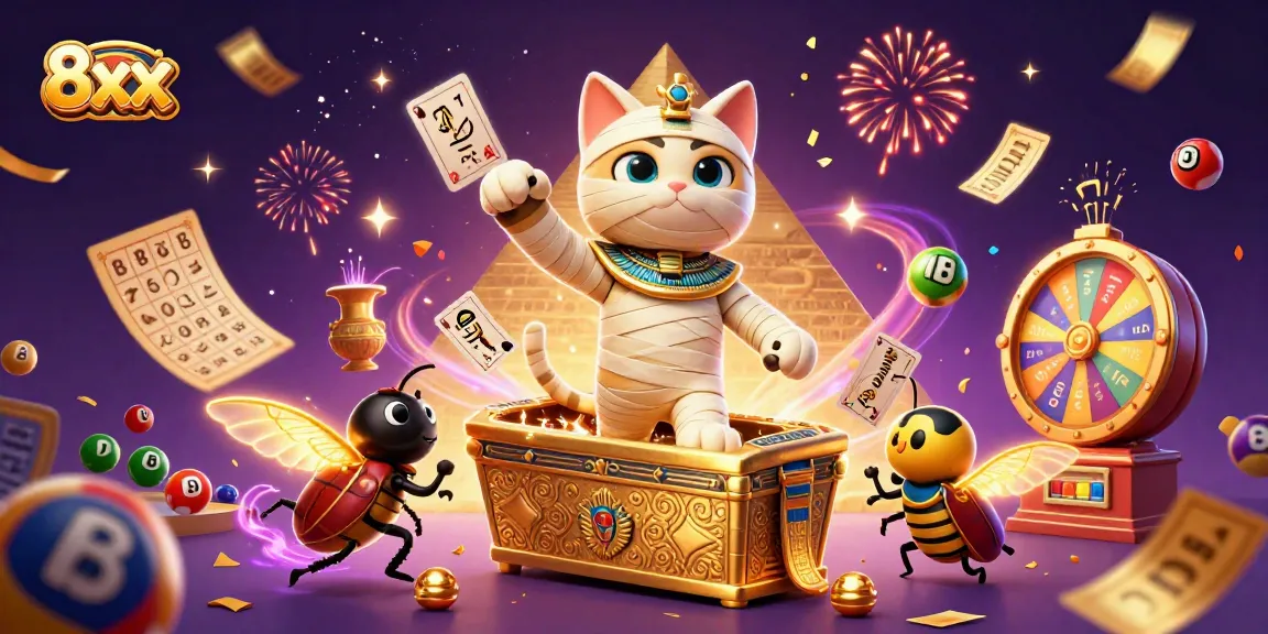 Win big with 8xx in a vivid casino scene featuring a golden mummy cat and dynamic prizes.