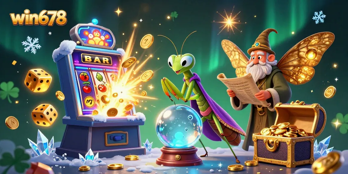 Win678 slot machine jackpot explosion featuring cartoon characters fortune teller and librarian.