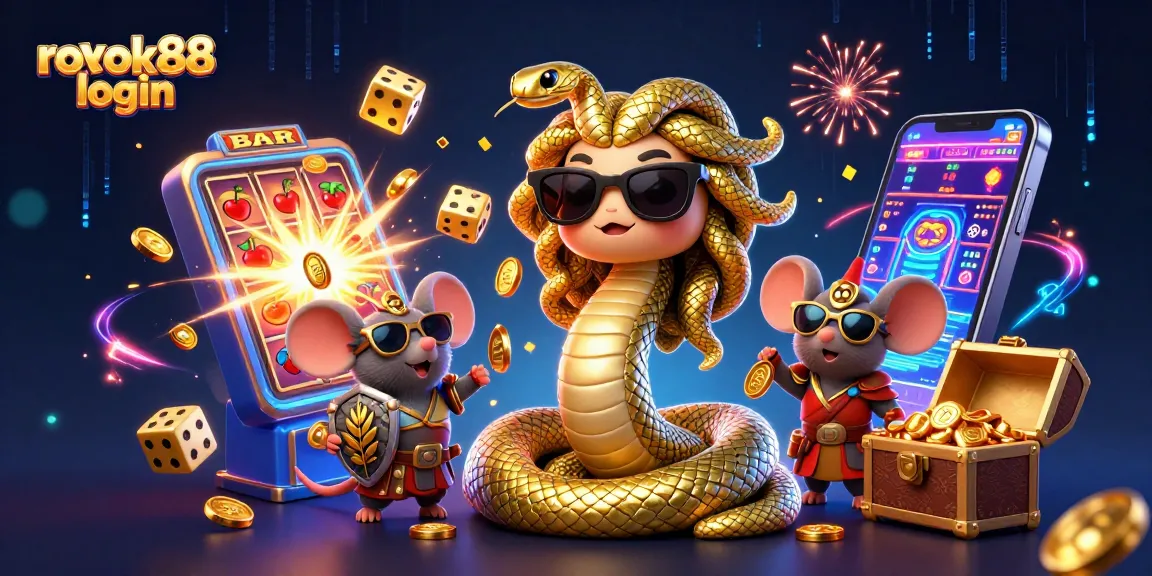 Spin and win at rokok88 login, featuring playful Medusa and a warrior mouse in a vibrant casino scene.