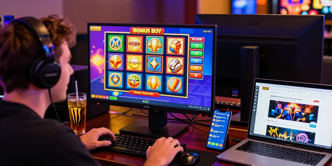 Excited player engaging with Bonus Buy slots at aboutderbyshire.co.uk, showcasing vibrant gaming atmosphere.