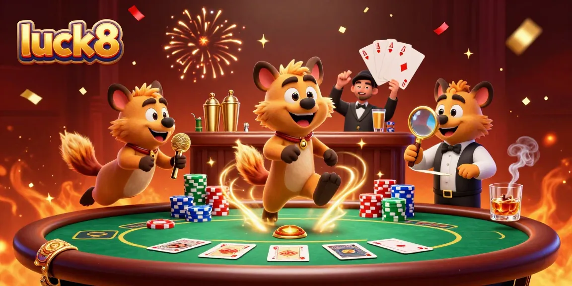 luck8 hyenas entertain with poker action in an energetic comedy casino scene.