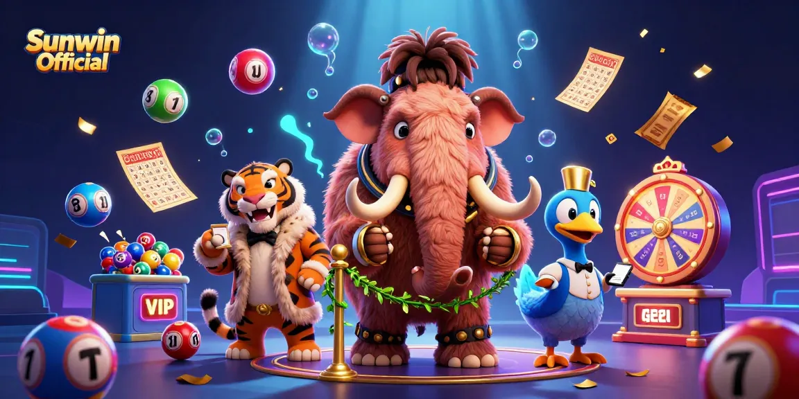 Engaging scene at Sunwin Official with a woolly mammoth casino bouncer, colorful lottery balls, and a saber-tooth tiger guest.