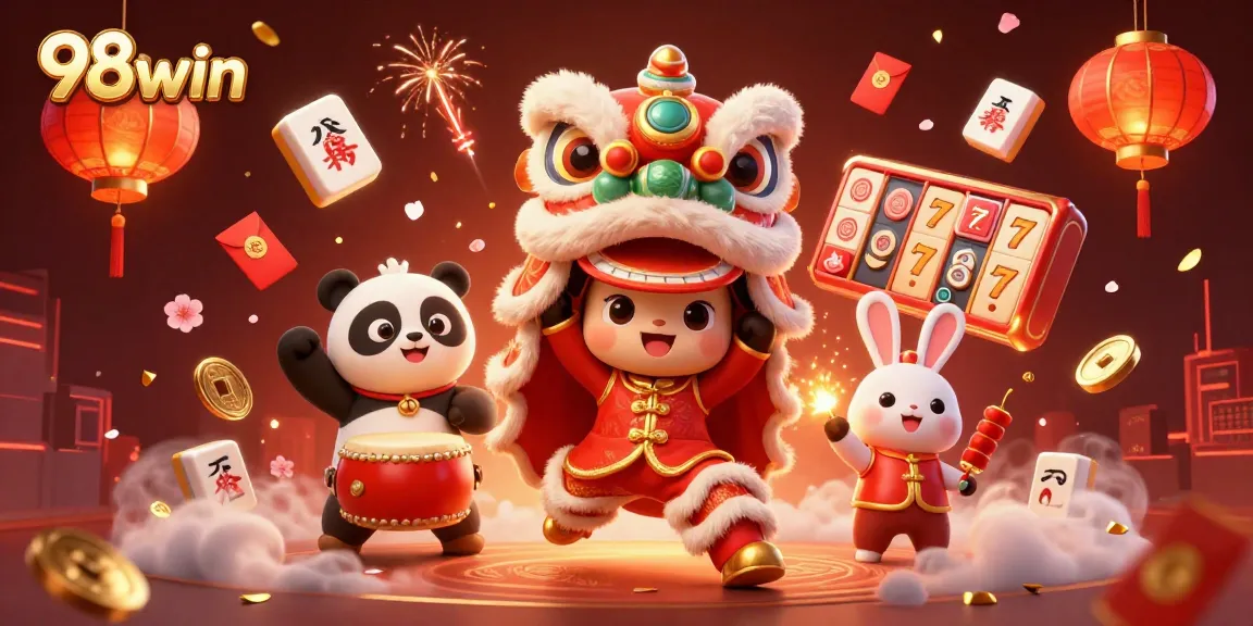 Engage with thrilling 98win slots as animated characters celebrate Chinese New Year, creating a vibrant gaming scene.