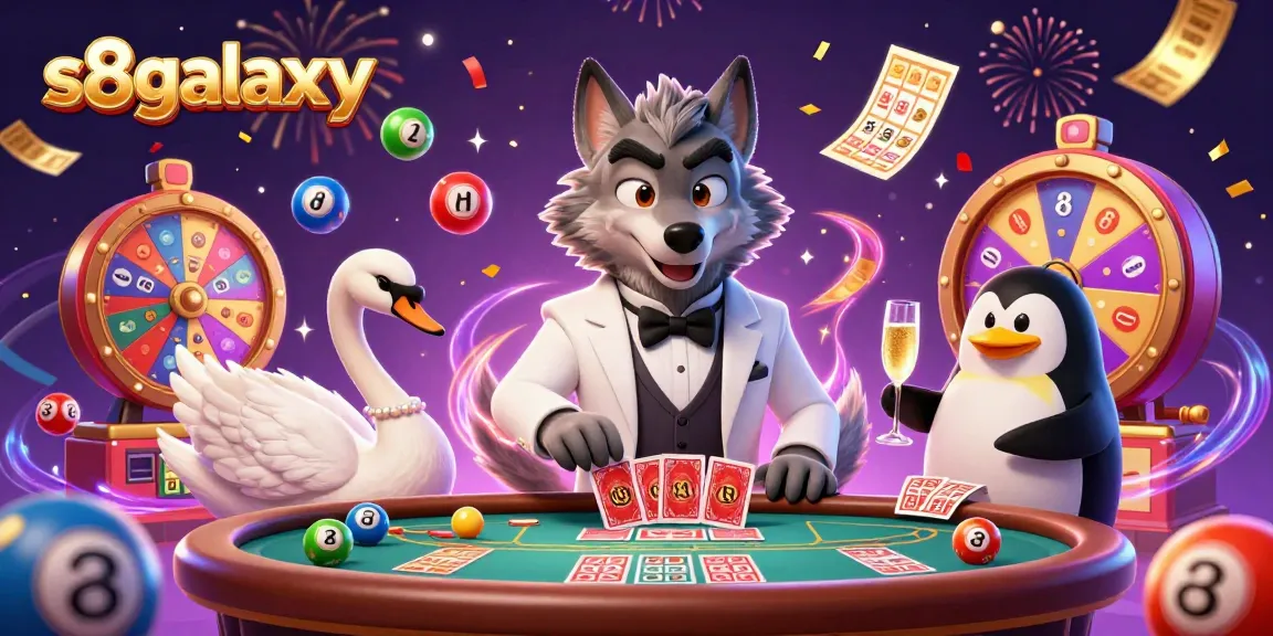 Experience thrill with s8galaxy's colorful gaming elements and characters in an engaging casino scene.