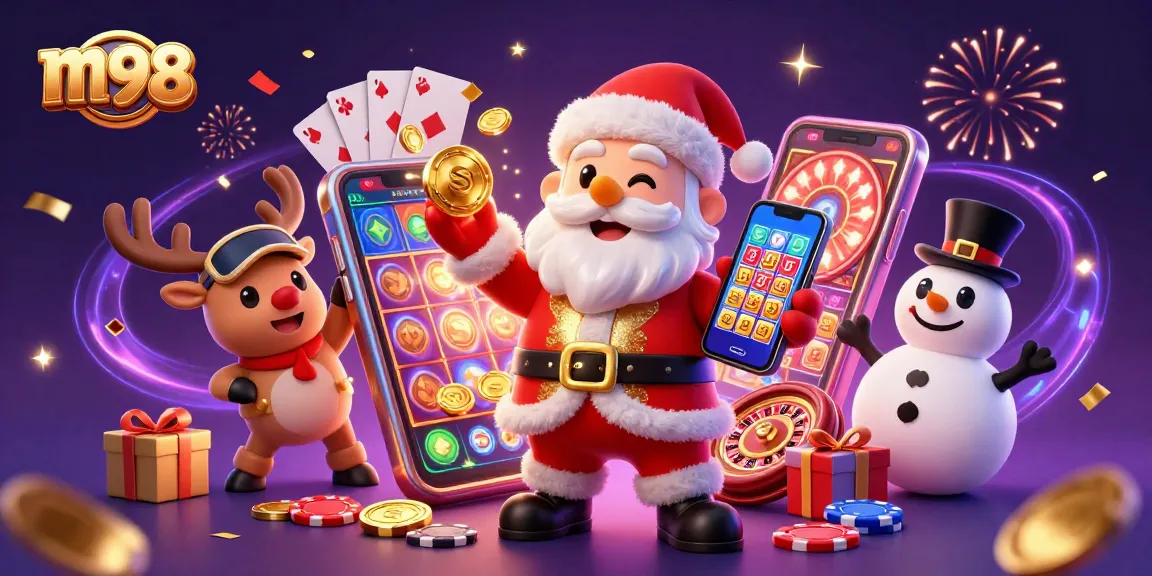Experience thrilling gaming action with m98 as Santa and friends celebrate big wins in a vibrant casino.