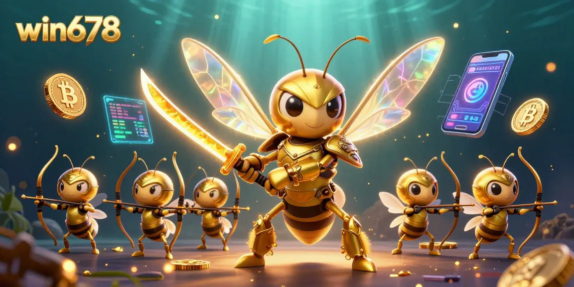 Engage with win678's vibrant casino scene featuring a golden samurai hornet and crypto elements.
