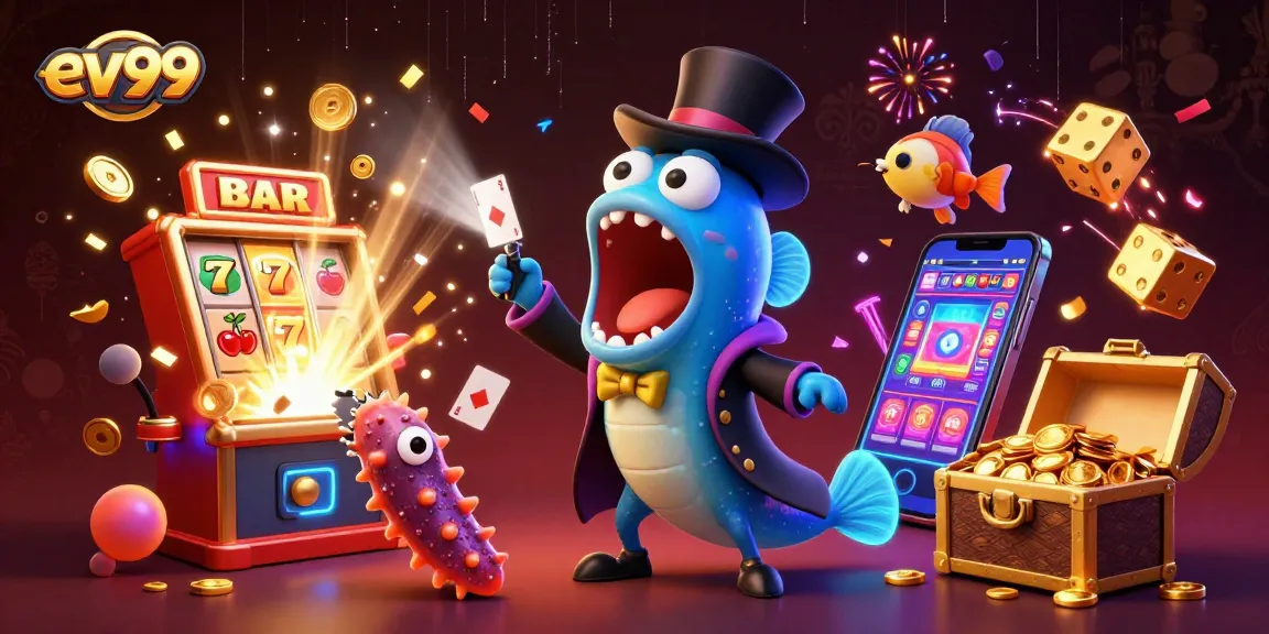 ev99 captures the excitement of winning with a vibrant casino-themed illustration and dynamic characters.