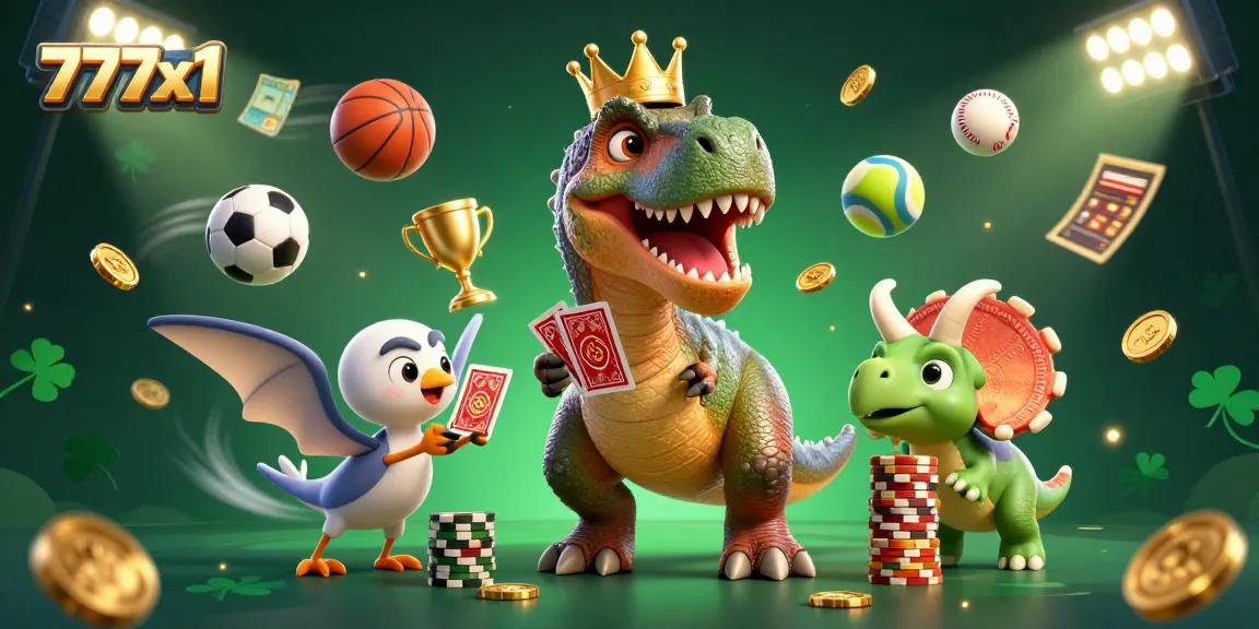Experience thrilling wins at 777x1 with a T-Rex shuffling cards alongside friends in a vibrant casino scene.