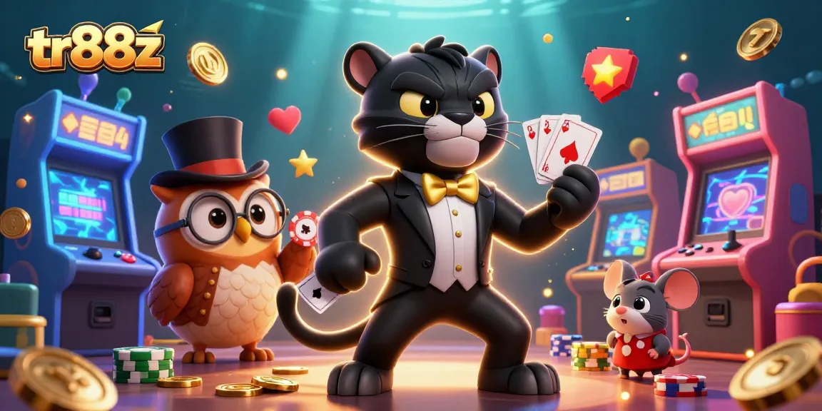 tr88z showcases a thrilling casino scene with a panther dealing cards, an owl holding poker chips, and colorful game elements.