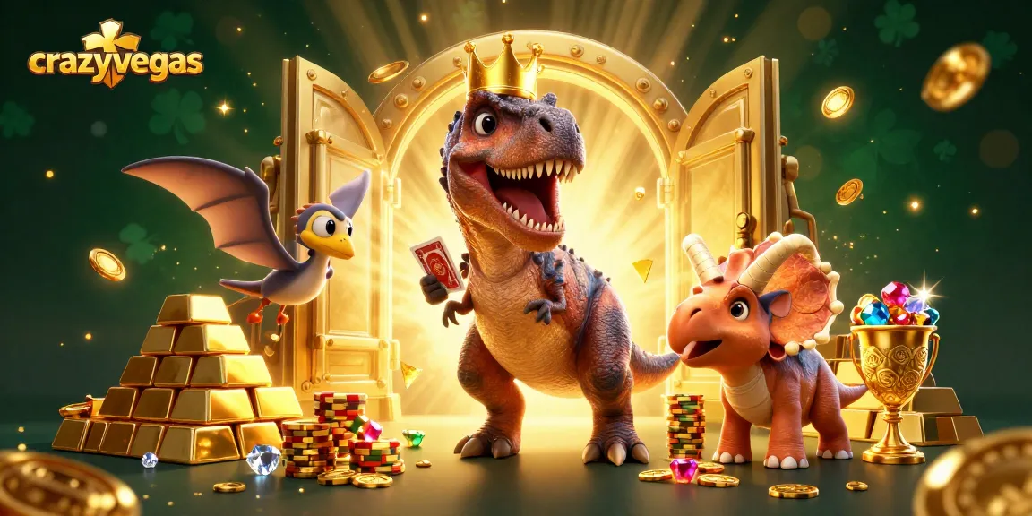 Experience thrilling play at crazyvegas while a dinosaur deals cards and a triceratops stacks chips.